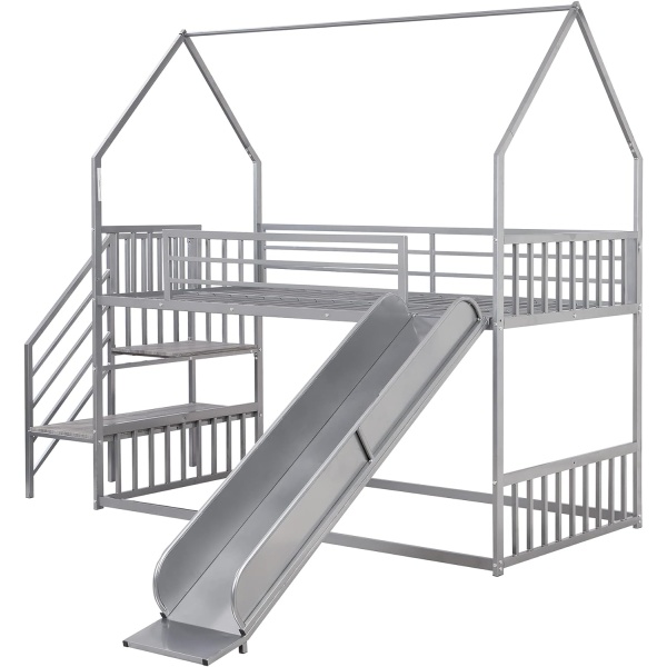 House Bunk Bed Twin Over Twin, Low Bunk Bed with Slide and Storage Stairs - Image 6