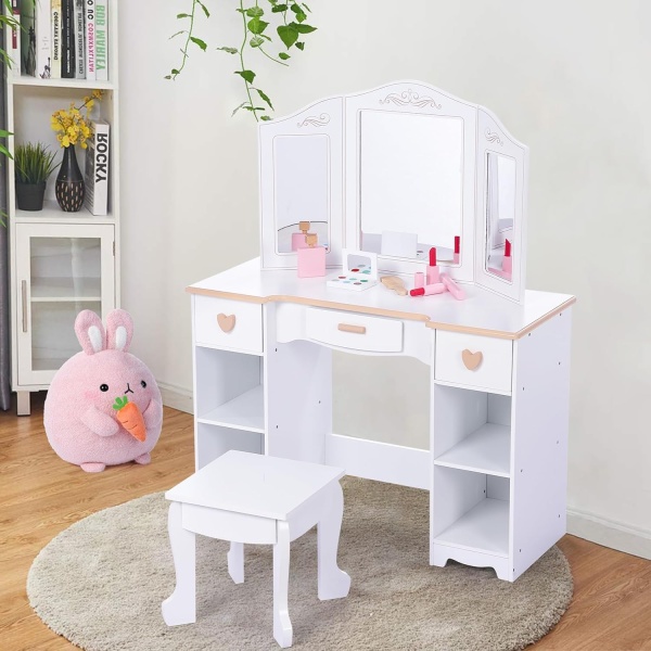 Kids Vanity with Mirrors and Stool, Pretend Play Vanity Table Set - Image 8