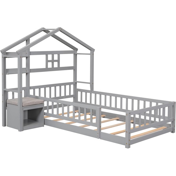 Floor Bed with Fence Railings and House Shape Headboard, Twin Size House Beds - Image 8