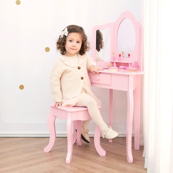 Teamson Kids Little Princess Alessandra Kids Wooden Corner Vanity Table & Stool - Image 2