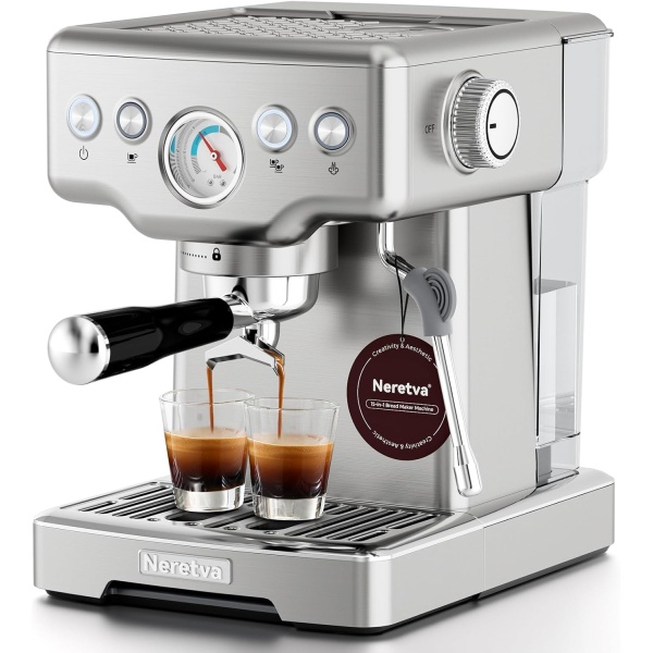 Neretva Espresso Machine, 2 in 1 Stainless Steel Coffee and Espresso Maker