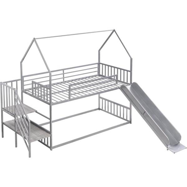 House Bunk Bed Twin Over Twin, Low Bunk Bed with Slide and Storage Stairs - Image 5