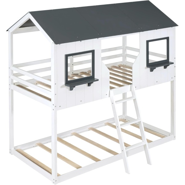 Low Bunk Beds Wood Twin Over Twin Bunk Bed House Bed Frame with Roof Kids - Image 5