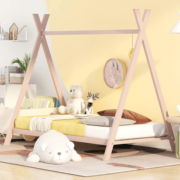 Twin Teepee Bed Metal Toddler House Bed Frame Montessori Floor Beds for Kids