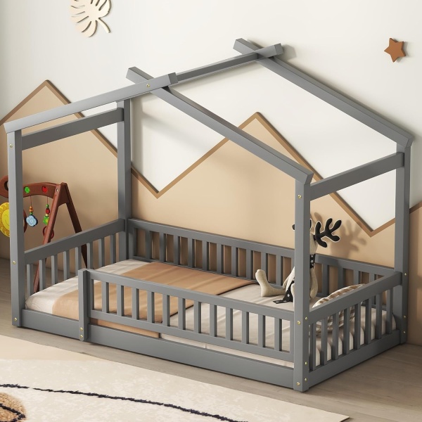 House Bed Twin Size Floor Bed with Fence Railings, Wooden Montessori Style Bed - Image 3