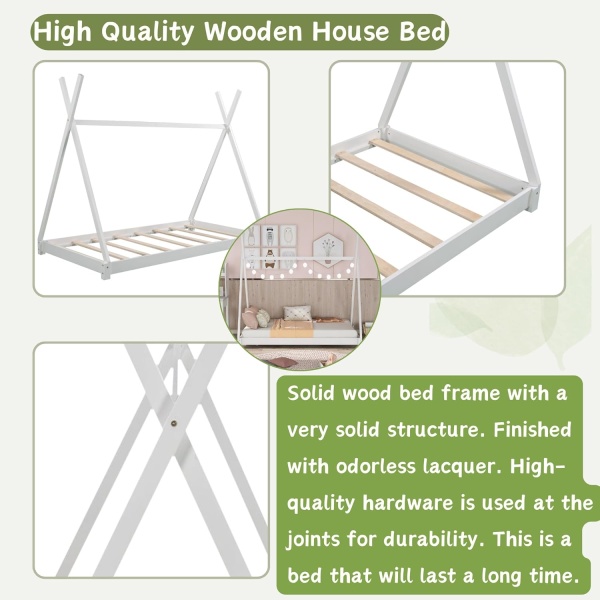 Twin House Beds Wood House Floor Bed Frame Montessori Style Teepee Bed - Image 5