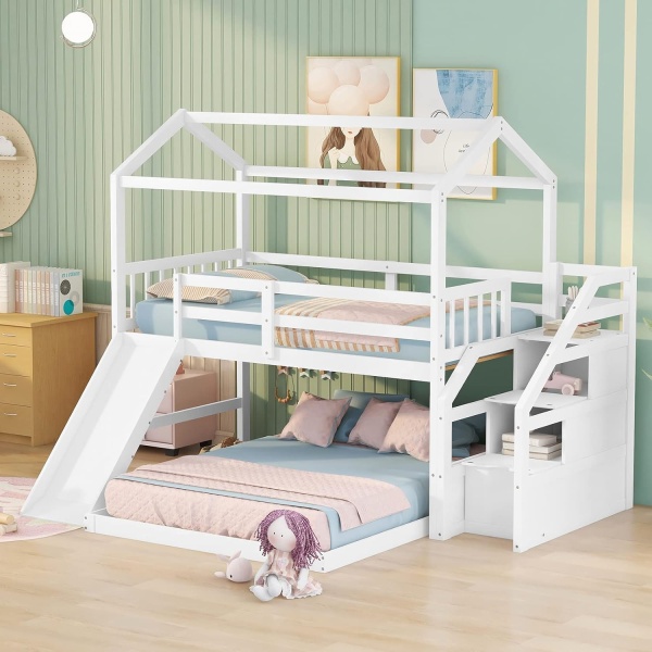 Twin Over Full House Bunk Bed with Stairs and Slide Wood Low Bunk Bed