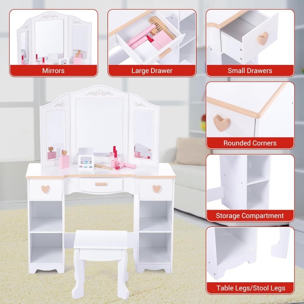 Kids Vanity with Mirrors and Stool, Pretend Play Vanity Table Set - Image 5