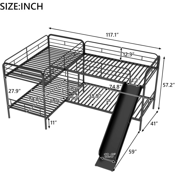 Quad Bunk Beds with Slide L-Shape Bunk Bed for 4 Twin Over Twin Metal Bunked - Image 2