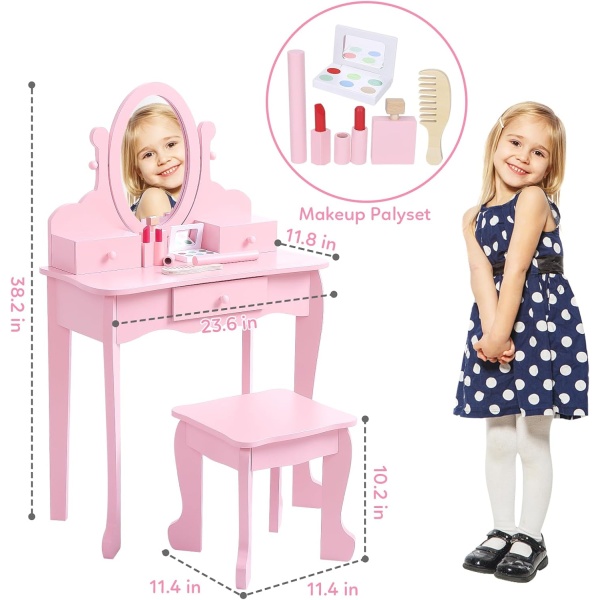 Kids' Vanity Set with Mirror, Makeup Table and Stool for Girls, Vanity Desk - Image 4