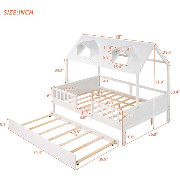 Bellemave Full House Bed with Trundle & Fence Railings Kids Cottage Beds Wood - Image 2