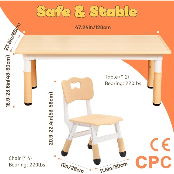 FUNLIO Kids Table and 4 Chairs Set for Ages 3-8, Height Adjustable Toddler Table - Image 6