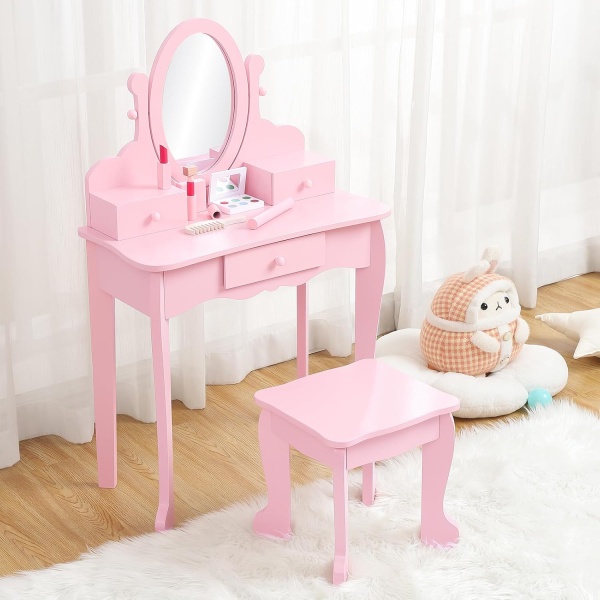 Kids' Vanity Set with Mirror, Makeup Table and Stool for Girls, Vanity Desk