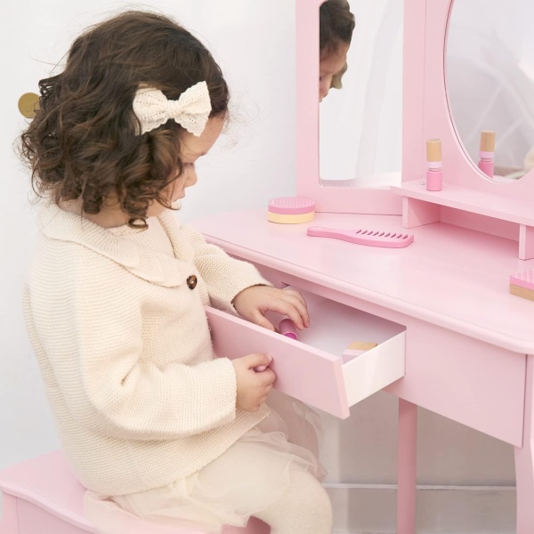 Teamson Kids Little Princess Alessandra Kids Wooden Corner Vanity Table & Stool - Image 6