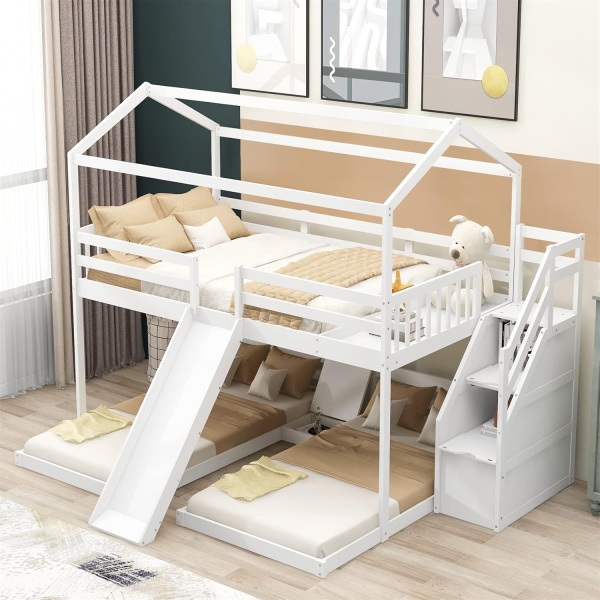 House Beds Triple Bunk Bed with Slide and Stairs Full Over Twin & Twin Bunk Beds - Image 3