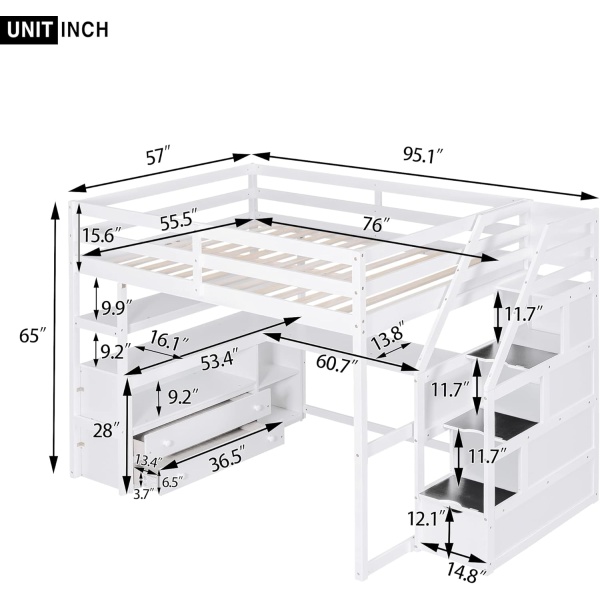 Full Loft Bed with Stairs and Desk, Wood Loft Bed Frame with Storage Cabinet - Image 2