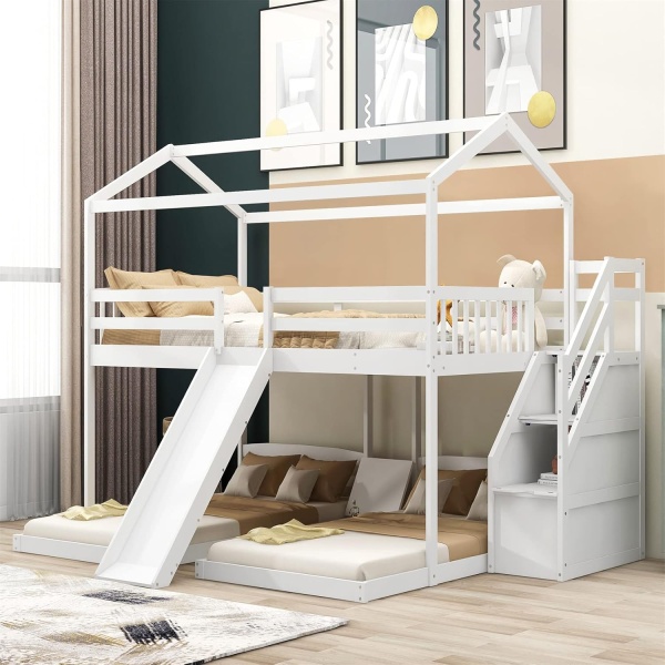 House Beds Triple Bunk Bed with Slide and Stairs Full Over Twin & Twin Bunk Beds