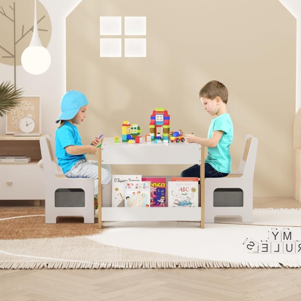 Kids Table and Chair Set, 4 in 1 Wooden Activity Table & 2 Chairs with Storage - Image 6