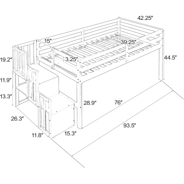 Bellemave Low Loft Bed with Stairs Twin Loft Bed with Storage Wood Bed Frame - Image 2