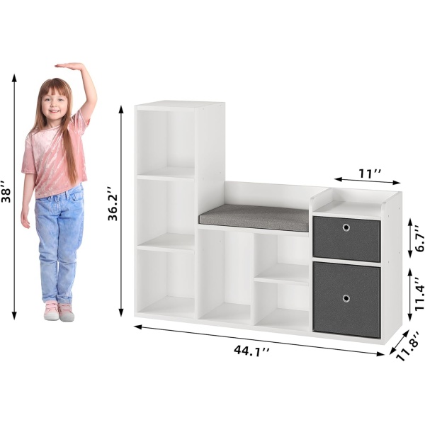 Kids Bookshelf 44.1in Width Toy Storage Organizer with Reading Nook White - Image 3