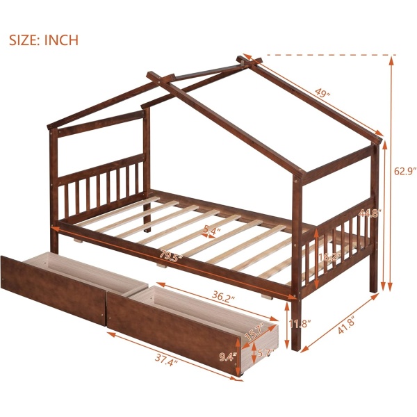 Twin Size House Bed with 2 Storage Drawers Wooden Kids Montessori House Bed - Image 2