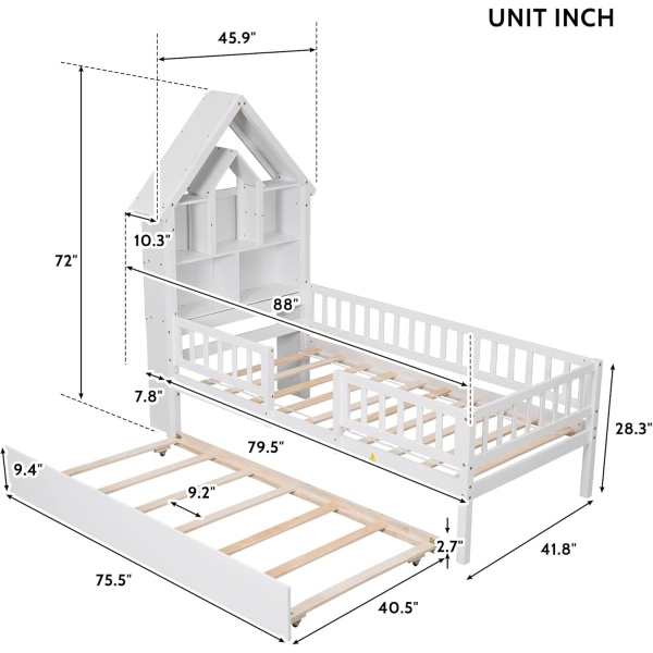 Bellemave Twin Bed with Trundle and Storage Headboard, Wood Platform Bed Frame - Image 2