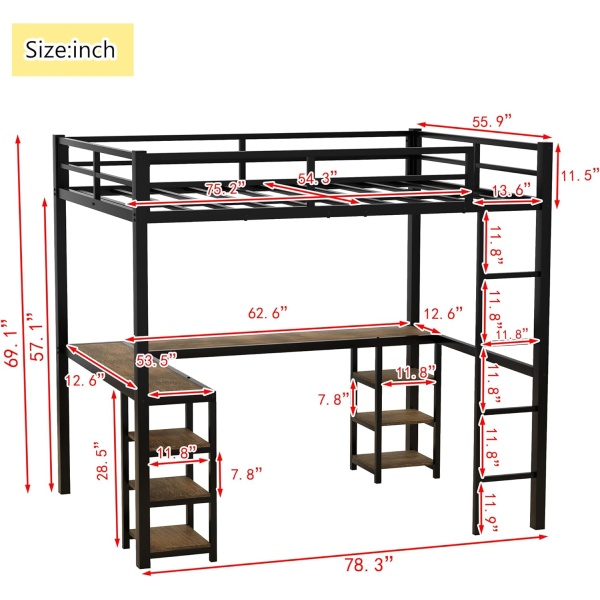 Full Size Loft Bed with Desk and Storage Shelves, Heavy Duty Loft Bed with Desk - Image 2