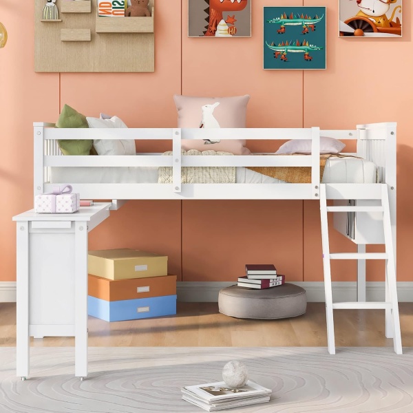 Bellemave Low Loft Bed with Desk and Storage Shelves, Twin Size Loft Beds - Image 3