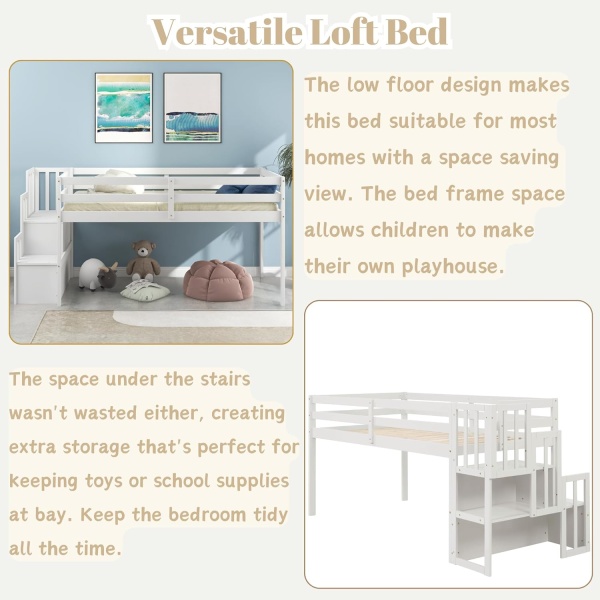 Bellemave Low Loft Bed with Stairs Twin Loft Bed with Storage Wood Bed Frame - Image 5