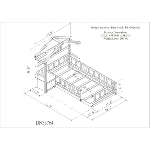 Floor Bed with Fence Railings and House Shape Headboard, Twin Size House Beds - Image 2