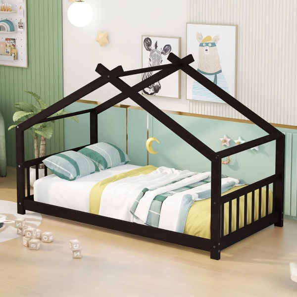 Twin House Beds Wood Montessori Bed Frame Kids Platform Bed with Headboard