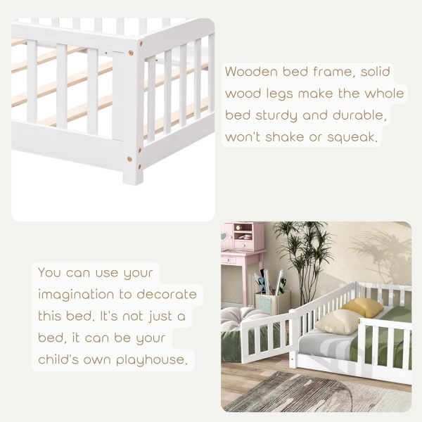 Full Size Floor Bed Frame for Kids Wood Montessori Floor Beds with Fence - Image 5