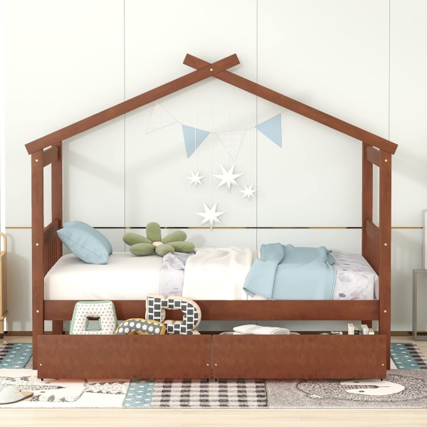 Twin Size House Bed with 2 Storage Drawers Wooden Kids Montessori House Bed - Image 3