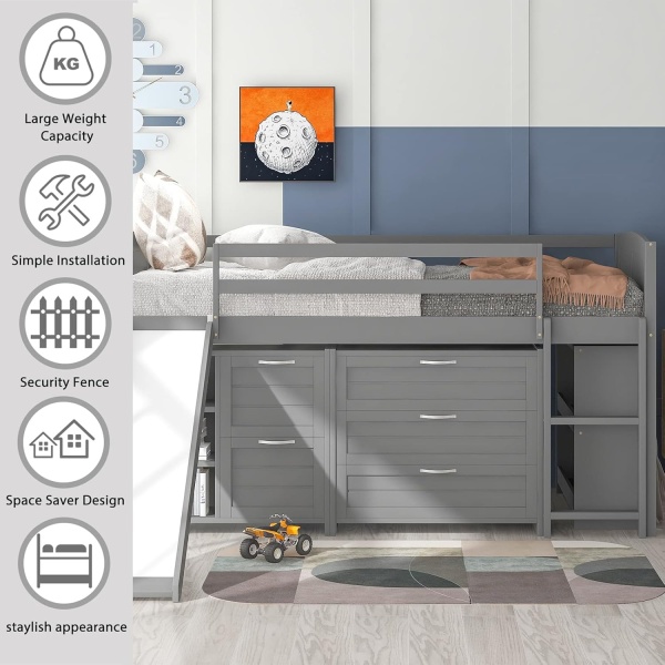 Low Loft Bed with Slide and Storage Twin Loft Bed Frame with Cabinet Drawers - Image 4