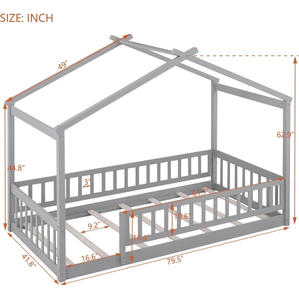 House Bed Twin Size Floor Bed with Fence Railings, Wooden Montessori Style Bed - Image 2