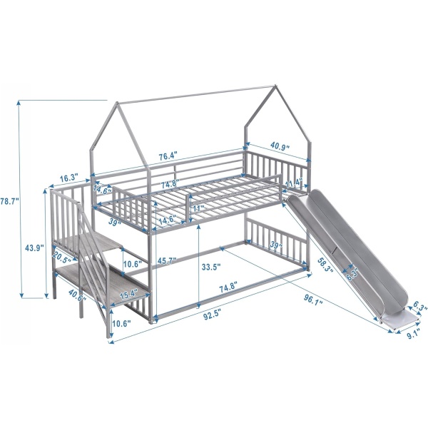 House Bunk Bed Twin Over Twin, Low Bunk Bed with Slide and Storage Stairs - Image 2