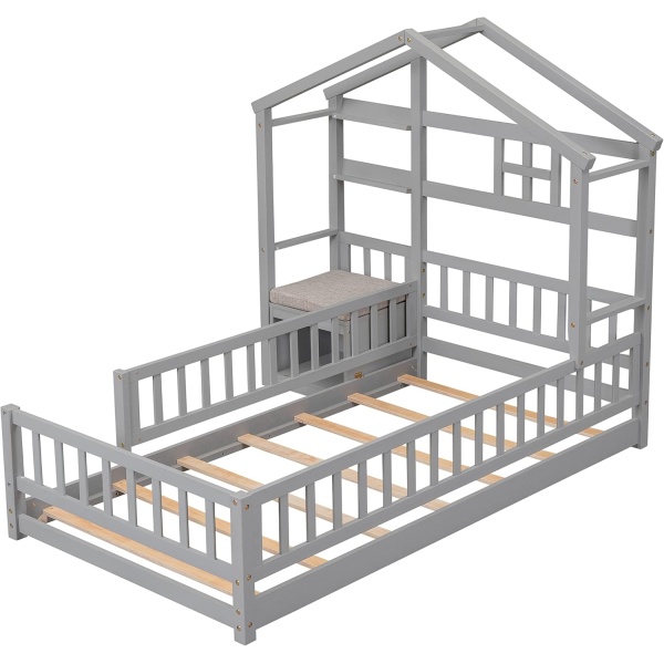 Floor Bed with Fence Railings and House Shape Headboard, Twin Size House Beds - Image 7