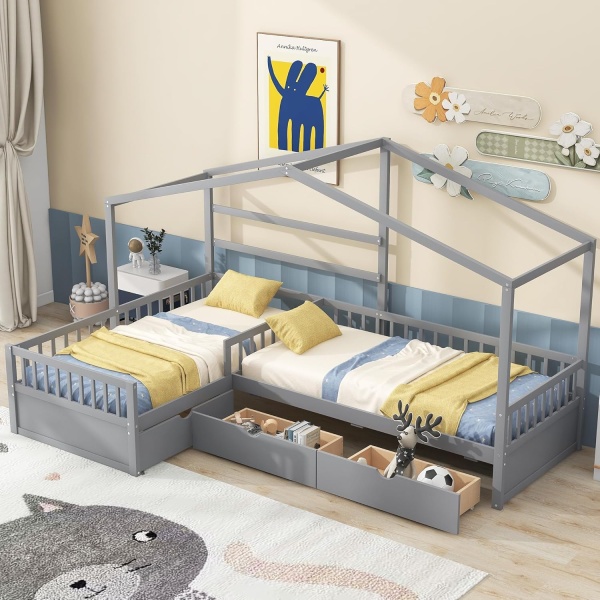 Bellemave L-Shape House Beds with Storage Drawers Two Twin Size Platform Bed - Image 3