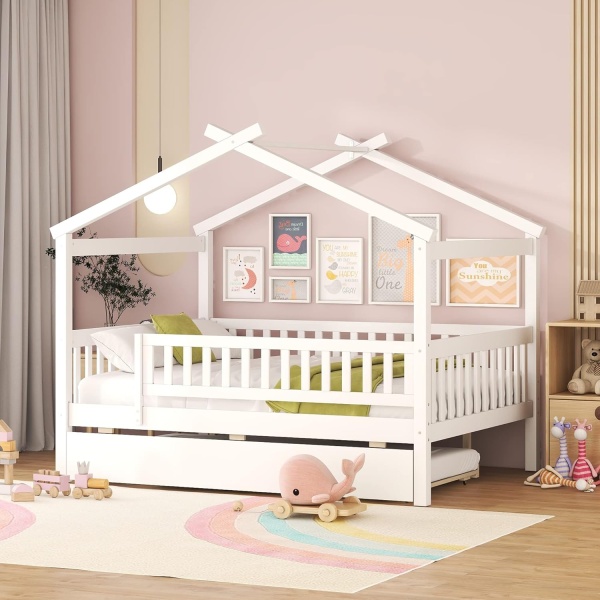 House Bed with Trundle and Fence, Full Size Montessori Style Beds with Railings - Image 3