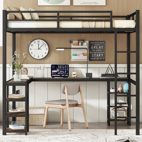 Full Size Loft Bed with Desk and Storage Shelves, Heavy Duty Loft Bed with Desk - Image 3