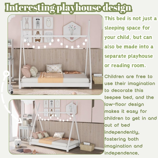Twin House Beds Wood House Floor Bed Frame Montessori Style Teepee Bed - Image 4