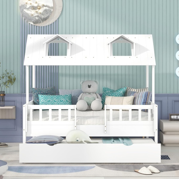 Bellemave Full House Bed with Trundle & Fence Railings Kids Cottage Beds Wood - Image 3