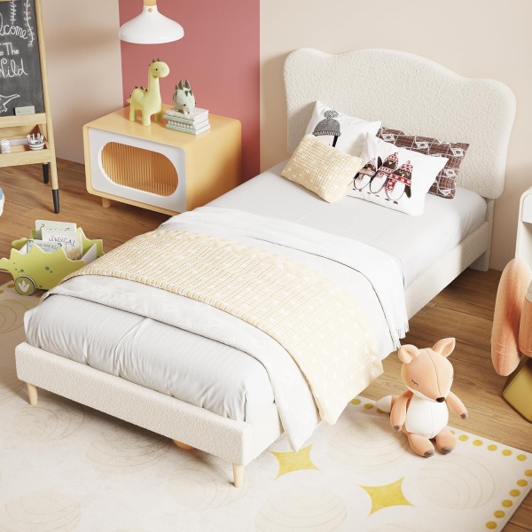 Upholstered Twin Size Bed Frame for Kids with Scallop Headboard, Cute Velvet - Image 3