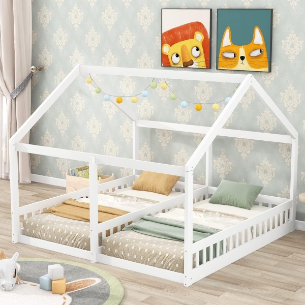 Twin House Bed for 2 Kids Wood Double Floor Beds Frame with Fence Railings - Image 4