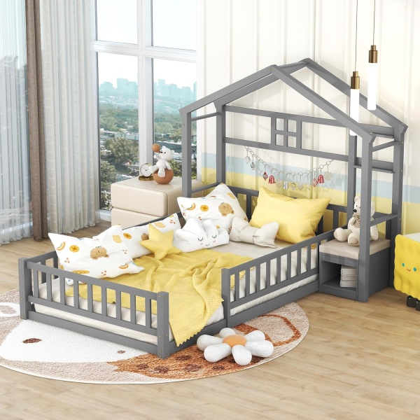 Floor Bed with Fence Railings and House Shape Headboard, Twin Size House Beds - Image 3