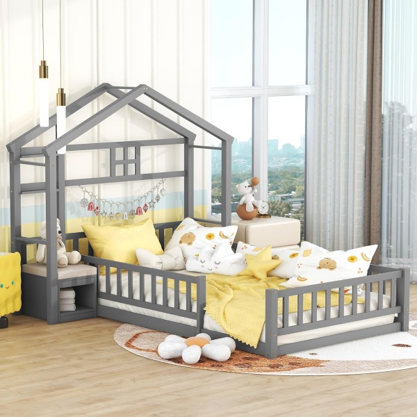 Floor Bed with Fence Railings and House Shape Headboard, Twin Size House Beds