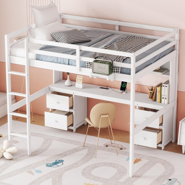 Full Size Loft Bed with Desk and Storage, Wooden Loft Beds Frame with Charging - Image 3