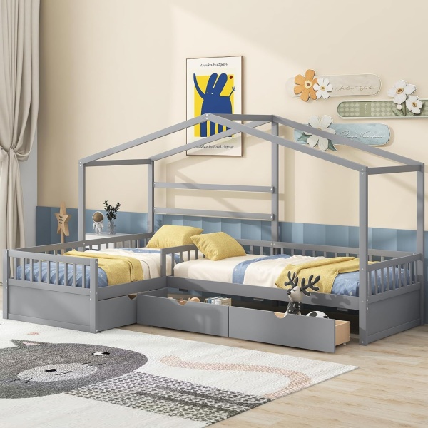 Bellemave L-Shape House Beds with Storage Drawers Two Twin Size Platform Bed