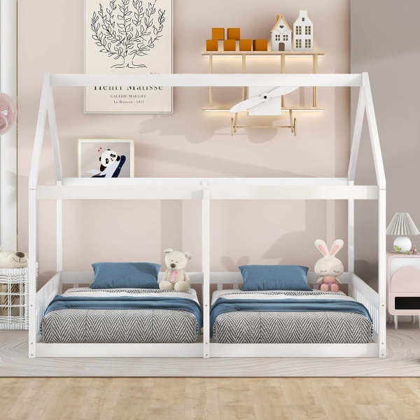 Twin House Bed for 2 Kids Wood Double Floor Beds Frame with Fence Railings - Image 3