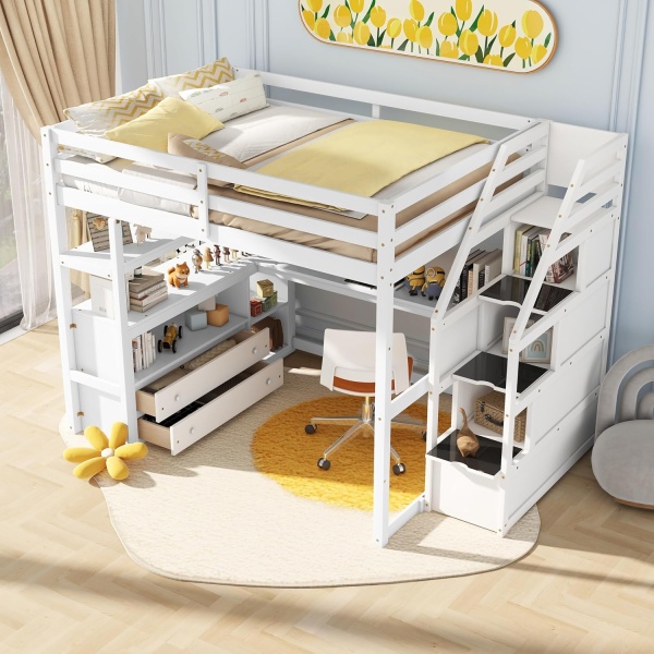 Full Loft Bed with Stairs and Desk, Wood Loft Bed Frame with Storage Cabinet - Image 3